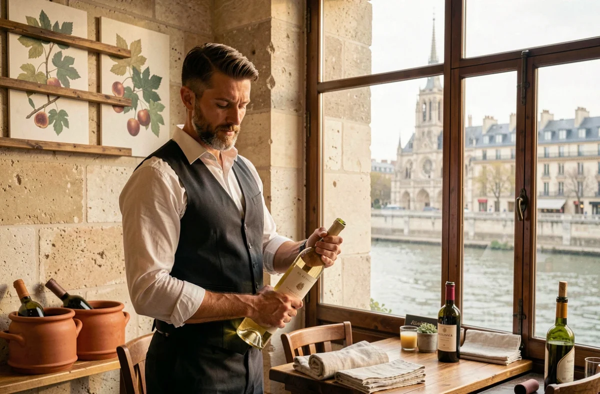 Sommelier débouchant une bouteille de vin blanc au Figuier sur l'île Saint-Louis avec vue sur la Seine en arrière-plan
