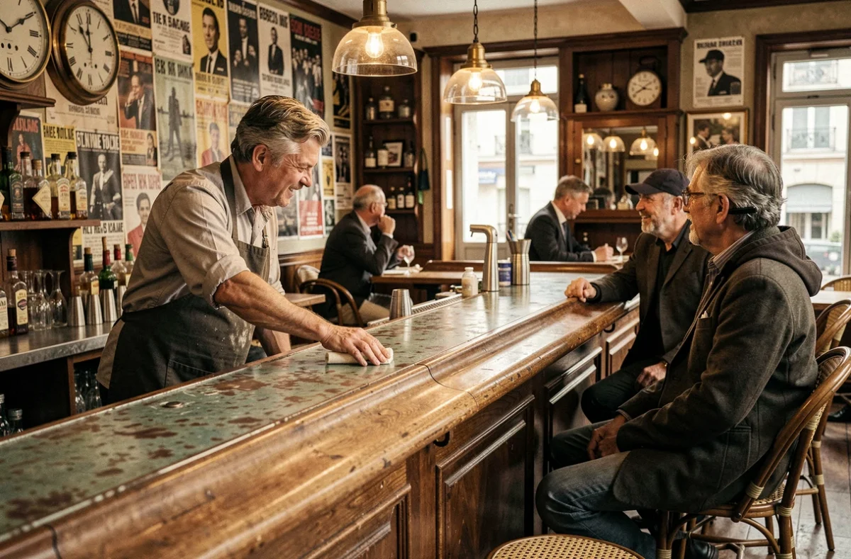 Barman souriant derrière le comptoir en zinc du Goncourt, bar de quartier emblématique du 11e arrondissement