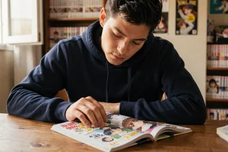 Jeune homme lisant un manga One Piece assis à son bureau dans une chambre cosy remplie de volumes manga