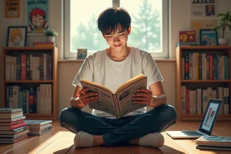 Jeune homme lisant un manga One Punch Man entouré de volumes empilés dans un appartement cosy