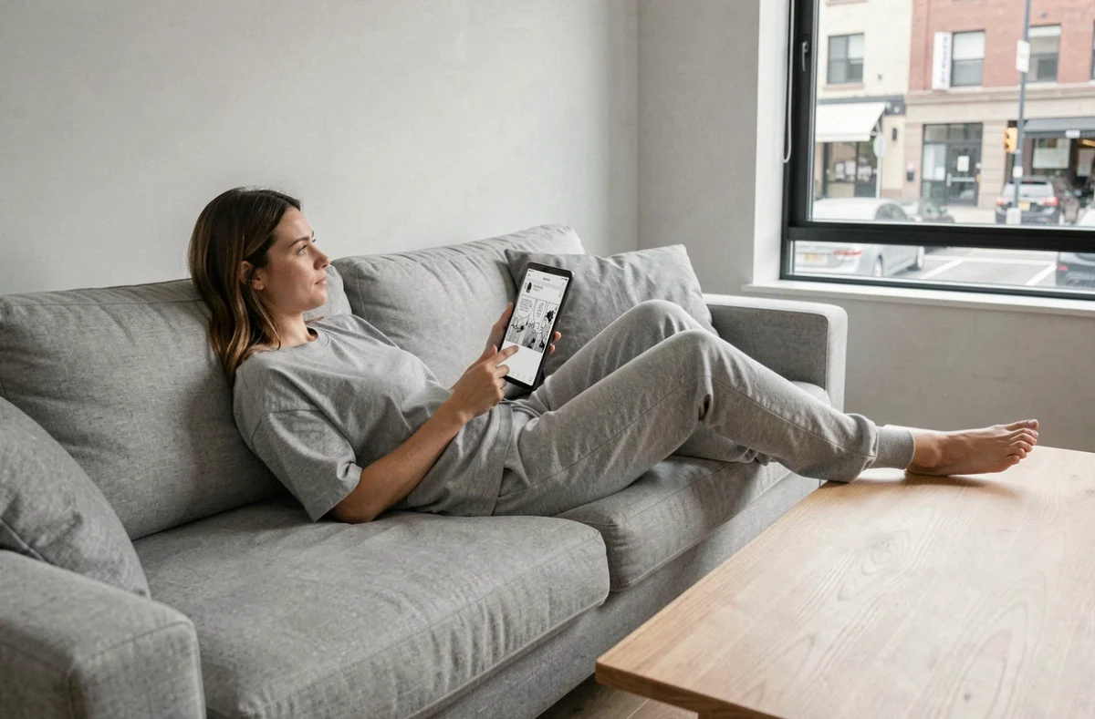 Jeune femme lisant un scan manga en ligne sur tablette allongée sur un canapé moderne dans un salon minimaliste