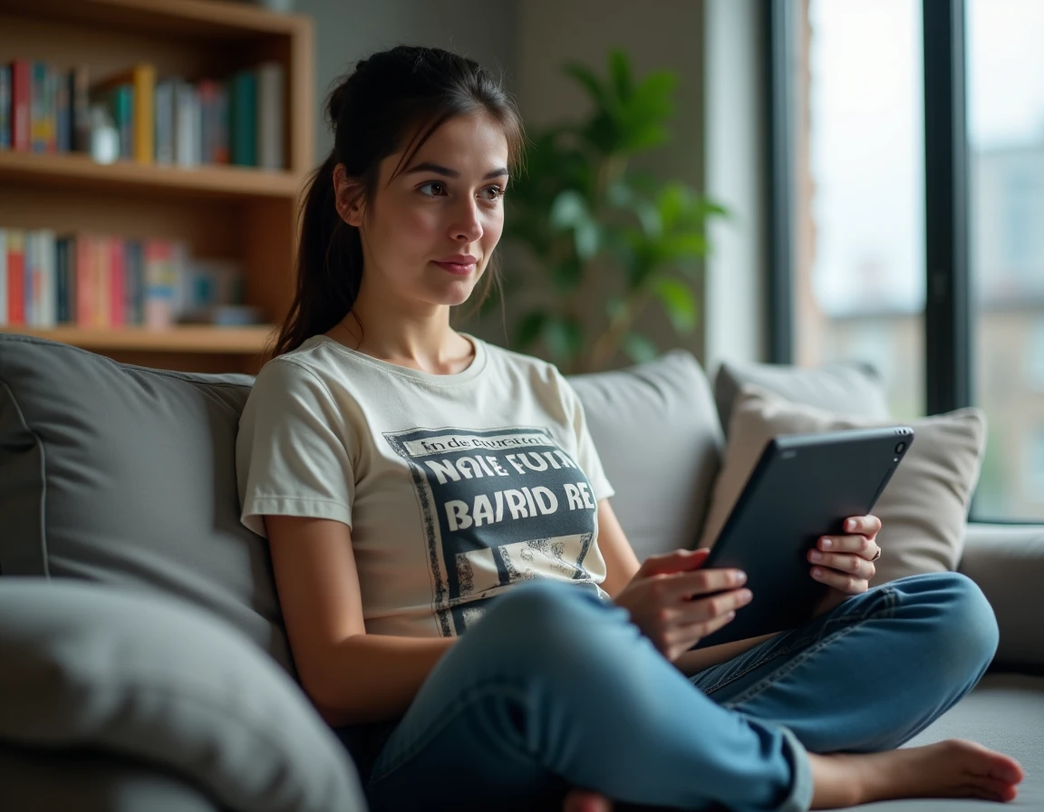 Jeune femme lisant un scan manga en français sur tablette dans un salon moderne avec bibliothèque manga