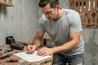 Homme consultant une liste d'outils électricité sur un établi en bois dans un atelier modeste avec outils de base