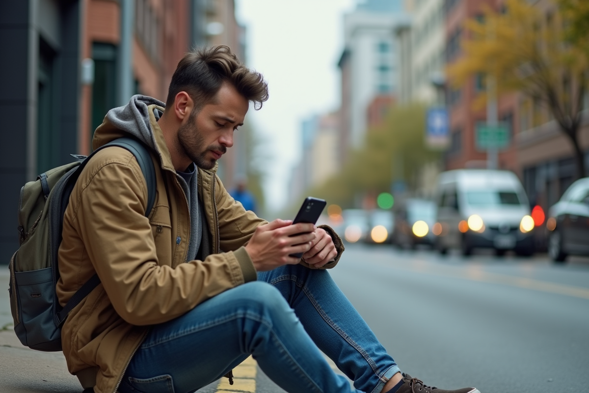 Livreur urbain fatigué regardant son mobile en ville