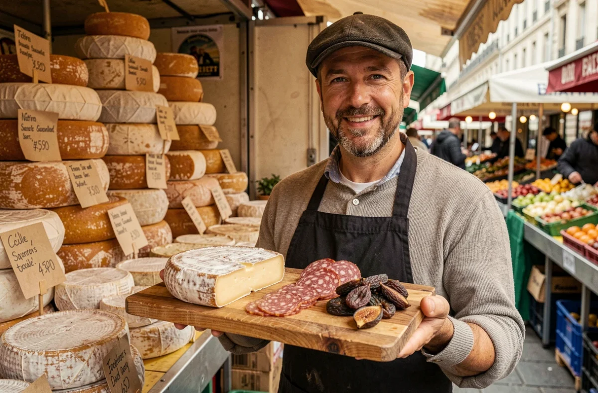 Fromager et charcutier présentant ses spécialités artisanales sur un étal du marché Nation à Paris