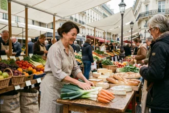 Marchande de légumes frais au marché de Nation à Paris, étals colorés et façades haussmanniennes en arrière-plan