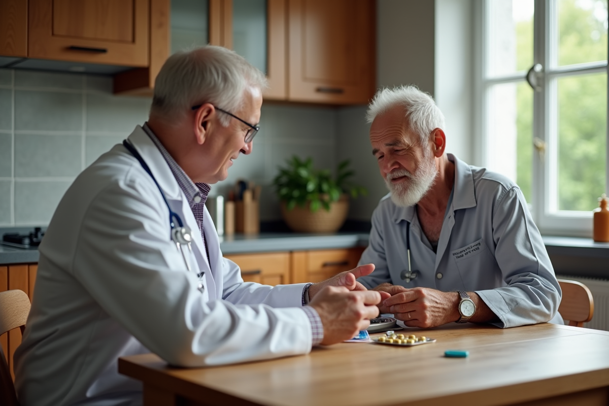 Médecin et homme âgé discutant de médicaments dans la cuisine