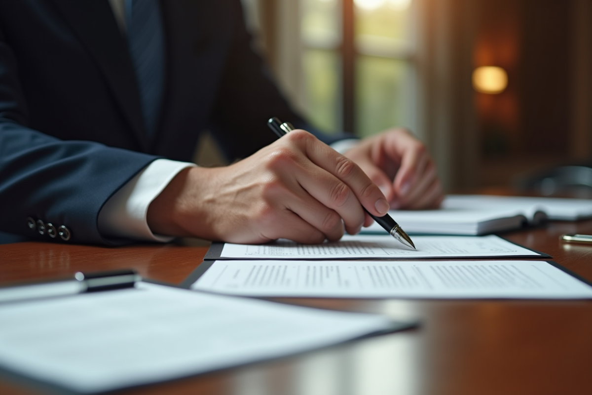 Mains d un mediateur avec documents et stylo sur bureau en bois