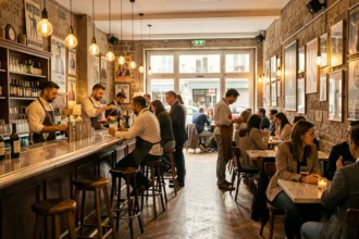Vue panoramique d'un bar parisien animé avec comptoir en zinc, clients attablés et bartenders préparant des cocktails