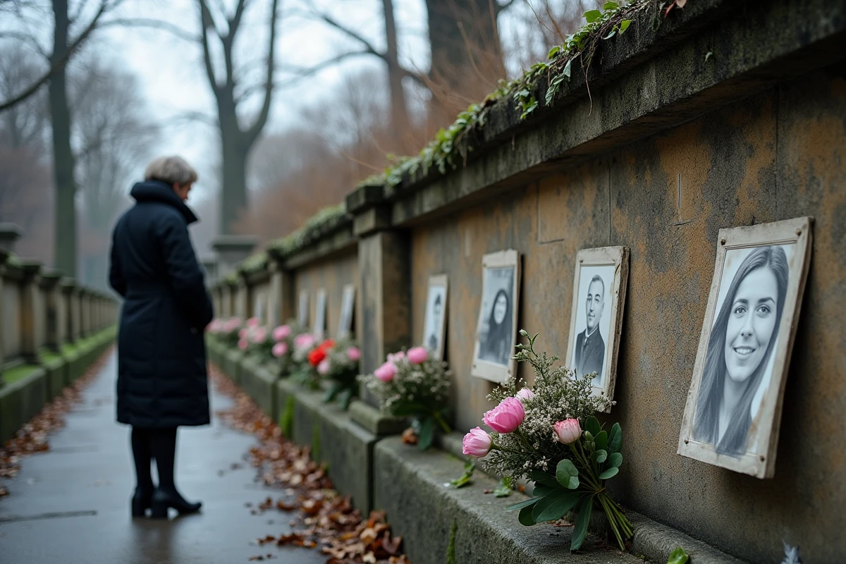 Femme recueillie devant un mur commémoratif en pierre dans un cimetière parisien avec fleurs et photos en noir et blanc, hommage à Mike Brant