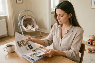 Jeune mère consultant le catalogue Leclerc bébé septembre 2026 à la maison avant d'acheter
