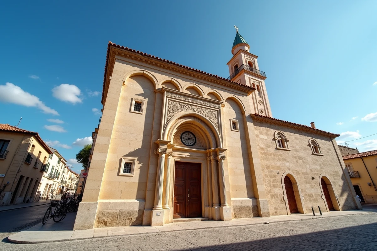 Façade extérieure d'une mosquée de Montpellier avec horloge indiquant l'heure de la prière