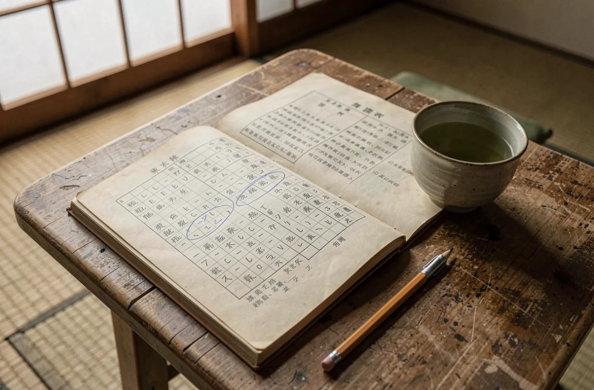 Livre de mots croisés japonais ouvert sur une table en bois avec des réponses de ports en trois lettres entourées au crayon