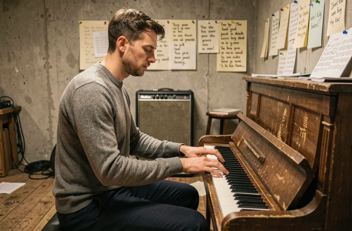 Musicien britannique jouant du piano dans un studio de répétition authentique à Manchester
