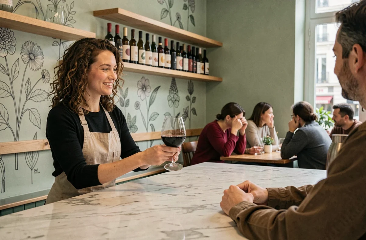Serveuse présentant un verre de vin nature rouge à un client au bar Out of the Blue dans le 11e arrondissement