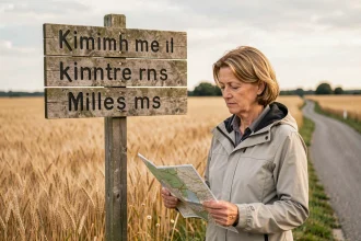 Femme en veste de randonnée devant un panneau routier indiquant des distances en kilomètres et en miles à un carrefour de campagne