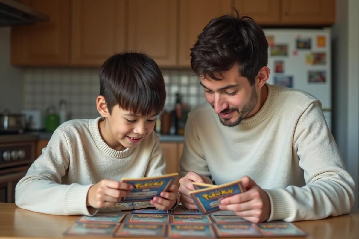 Père et fils trient des cartes Pokémon à la maison