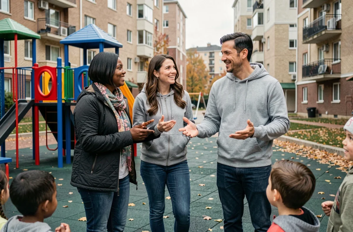 Groupe de parents se liant d'amitié dans une aire de jeux urbaine, entourés de leurs enfants, symbolisant les nouvelles amitiés nées de la vie de famille