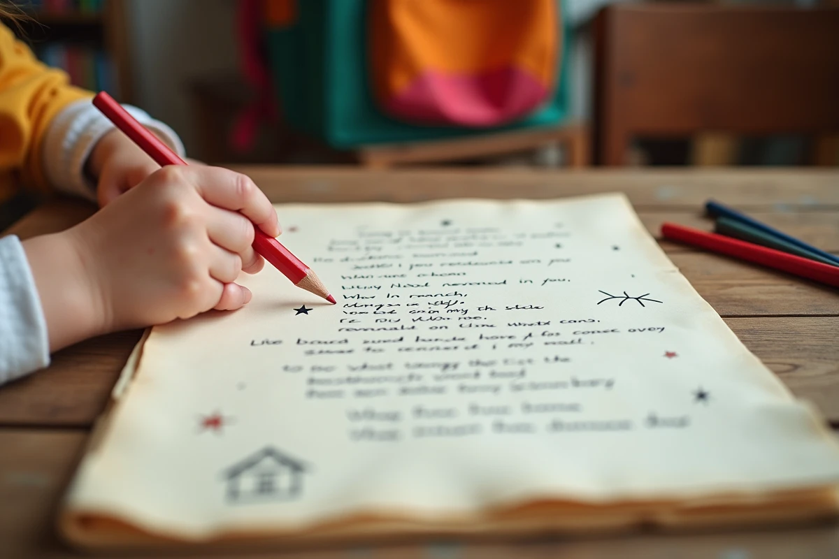 Feuille de paroles écrites à la main avec des dessins d'enfant posée sur un bureau en bois à la crèche