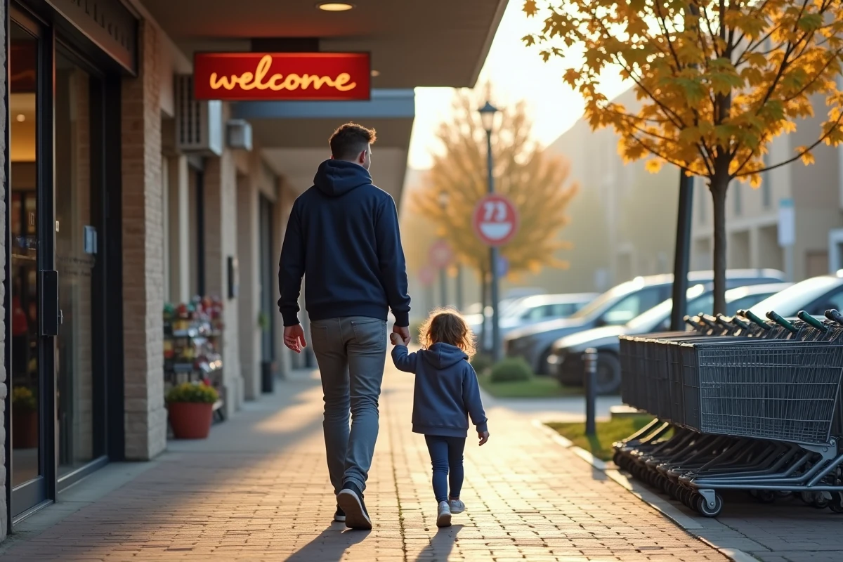 Père et fille approchant des portes automatiques du magasin