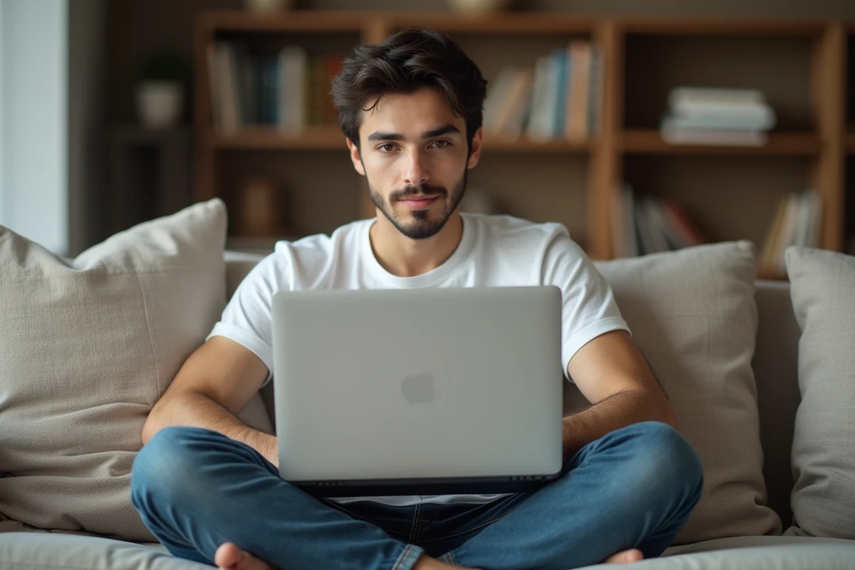 Personne sur un canapé avec un ordinateur portable affichant un È majuscule avec accent grave dans un document Word