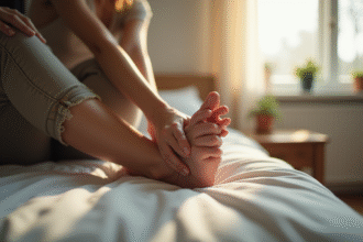 Personne soulageant son pied dans un cadre cosy