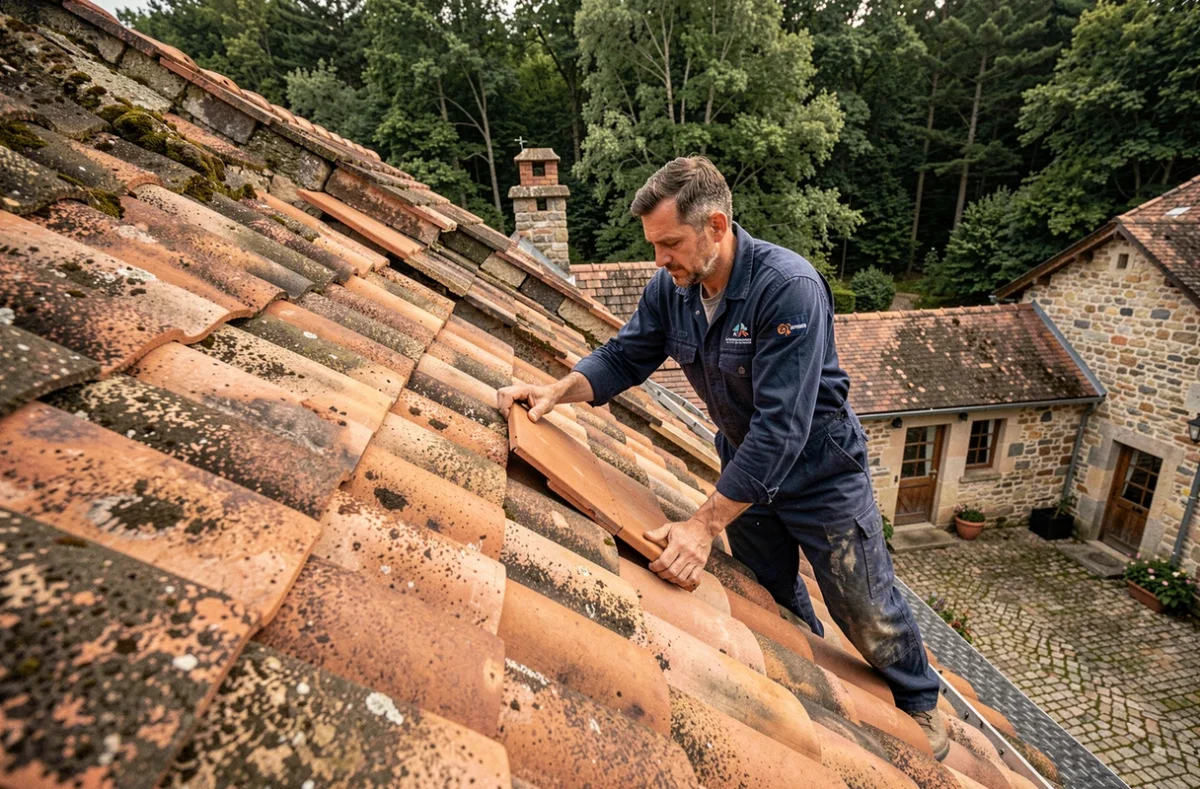 Artisan couvreur de Petitjean Couverture posant des tuiles sur un toit en Haute-Saône