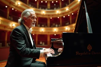 Pianiste français légendaire en tuxedo noir assis à un piano à queue Steinway dans une salle de concert européenne dorée aux balcons ornés