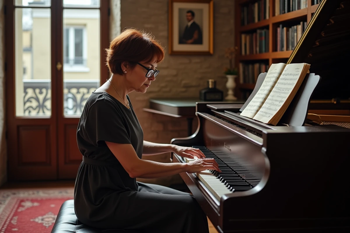Pianiste française d'âge mûr étudiant une partition ancienne dans un appartement parisien avec piano droit et bibliothèque musicale