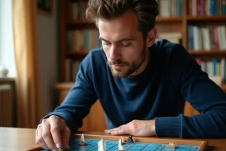 Homme concentré plaçant ses navires sur un plateau de bataille navale en bois, stratégie de placement de départ