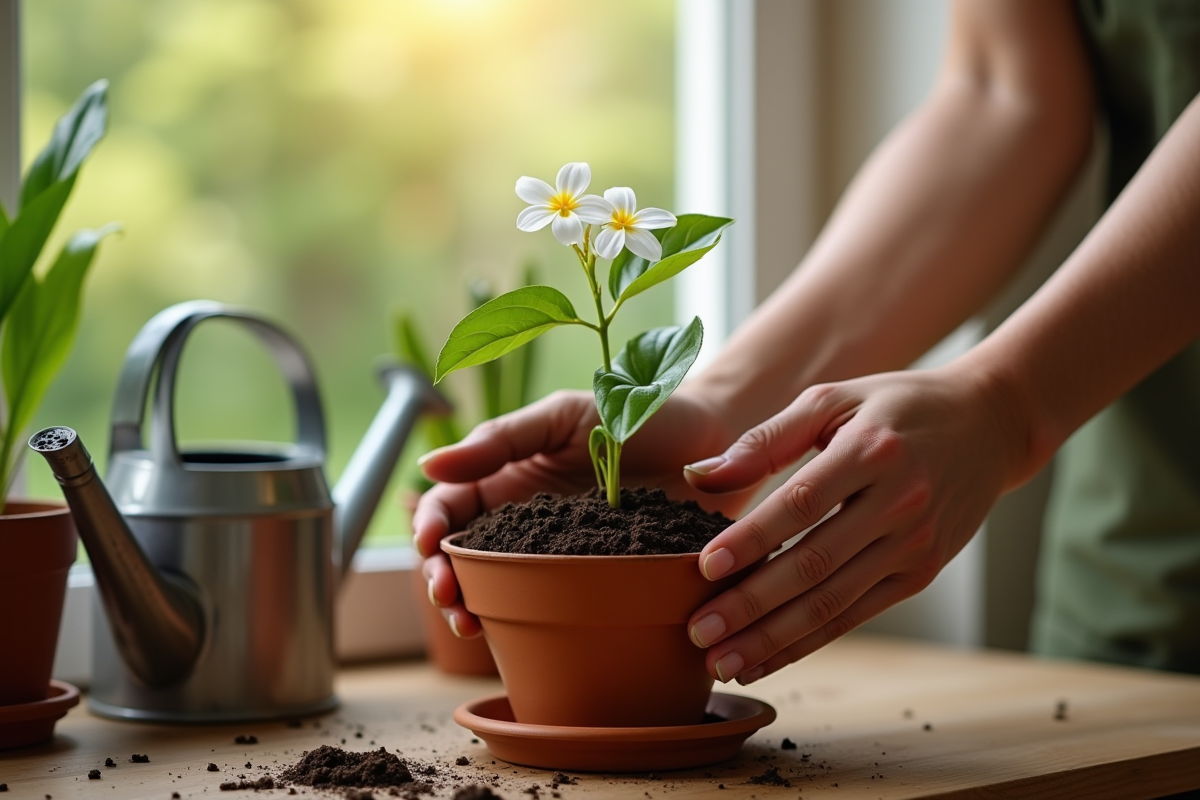 Mains plantant un jasmin dans un pot en terre cuite