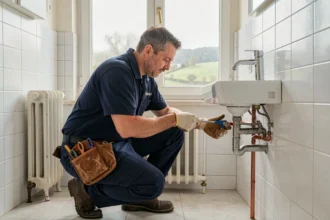 Plombier professionnel en Loir-et-Cher inspectant des canalisations dans une salle de bain moderne