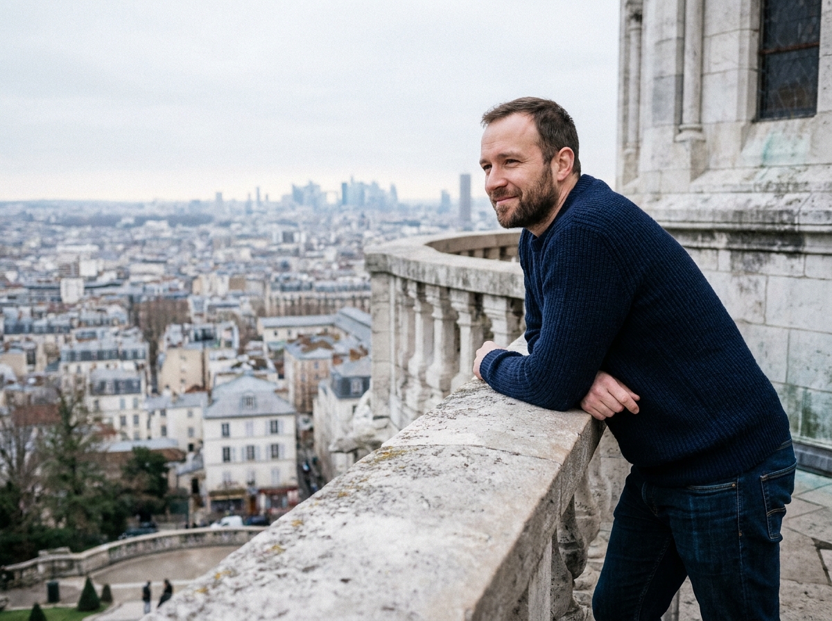 Homme contemplant Paris depuis la terrasse du Sacré-Cœur à Montmartre avec une vue dégagée sur toute la capitale