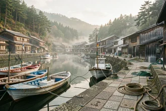Port de pêche japonais traditionnel avec bateaux en bois amarrés sur un quai en pierre au petit matin