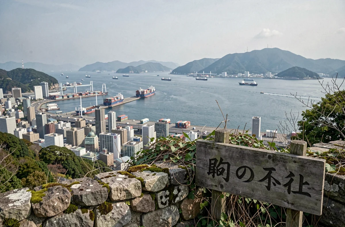 Vue panoramique du port de Kobé au Japon depuis une colline avec la baie d'Osaka et des navires en arrière-plan