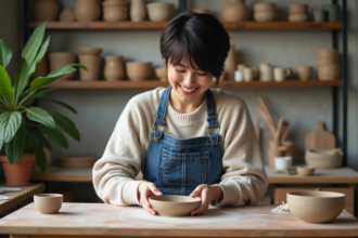 Femme façonnant un bol en argile dans un atelier cosy
