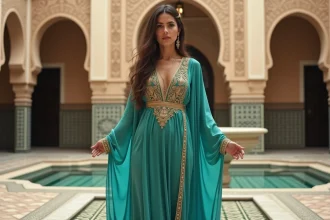 Jeune femme d'origine moyen-orientale vêtue d'une tenue turquoise inspirée de la princesse Jasmine dans un riad marocain aux carrelages colorés