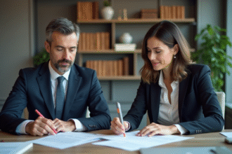 Homme et femme d'affaires en réunion dans un bureau moderne