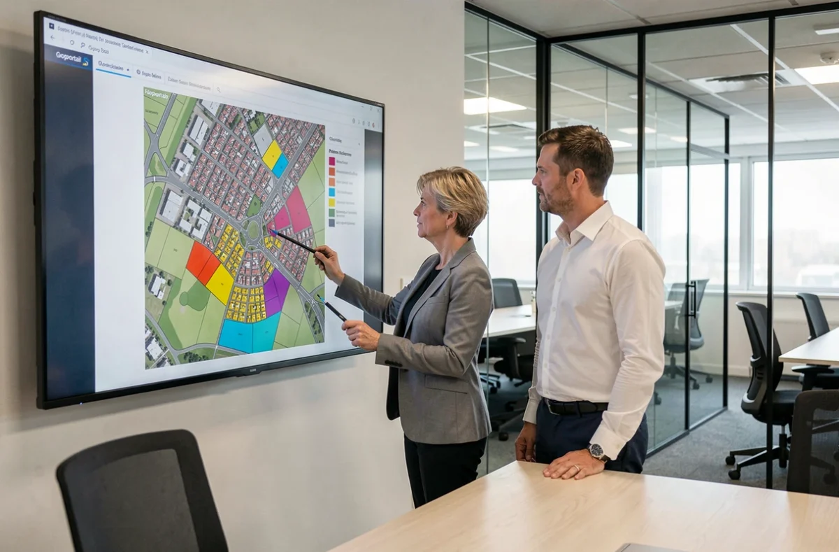 Deux professionnels de l'urbanisme analysant une carte cadastrale Géoportail sur un écran tactile dans une salle de réunion municipale moderne