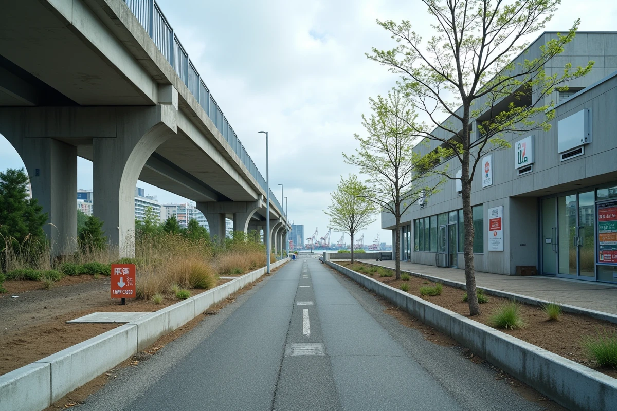 Vue grand angle d'un quartier côtier reconstruit au Tohoku avec passerelles surélevées, signalétique d'évacuation tsunami et infrastructures urbaines résilientes