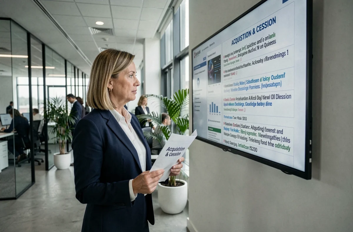 Femme d'affaires tenant un document de rachat d'entreprise dans un bureau moderne évoquant la cession d'un site web médiatique