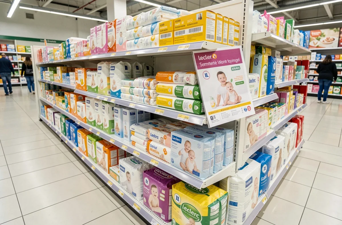 Rayon bébé Leclerc avec catalogue promotionnel septembre 2026 et produits pour nourrisson en magasin