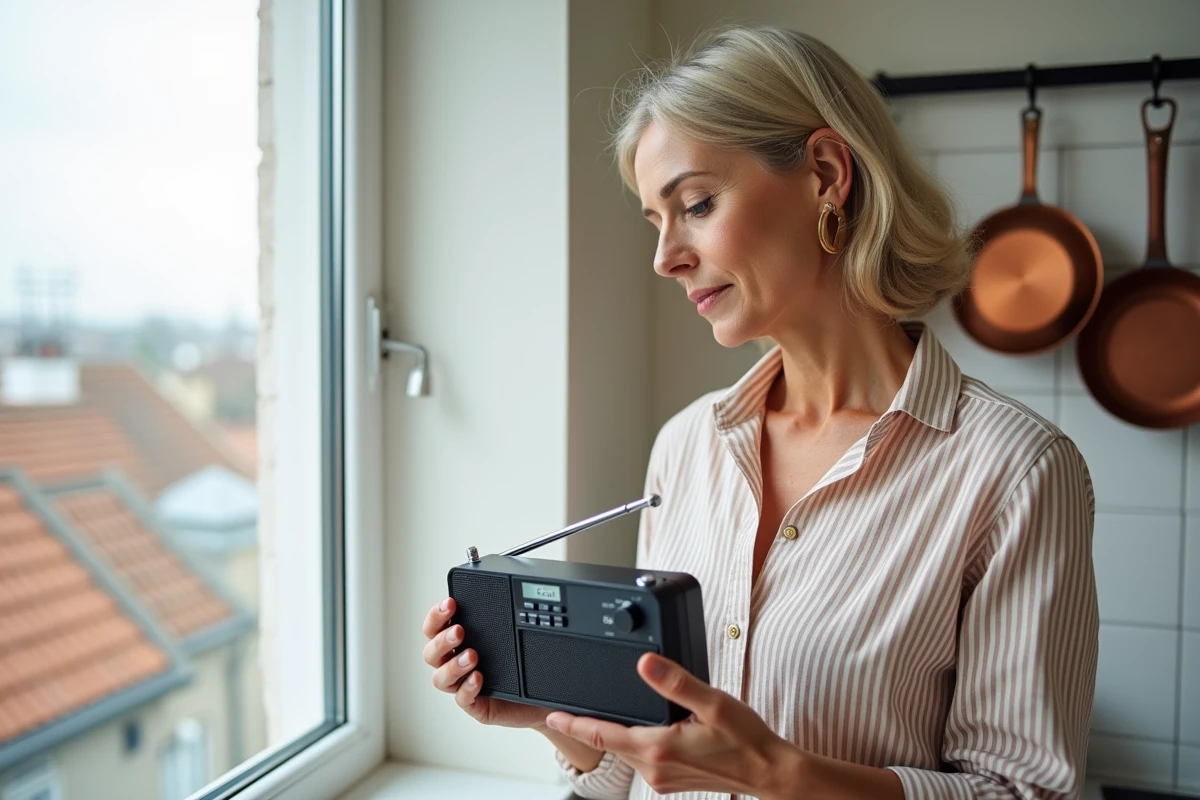 Femme vérifiant la réception d'une radio portable près d'une fenêtre pour améliorer le signal de Skyrock