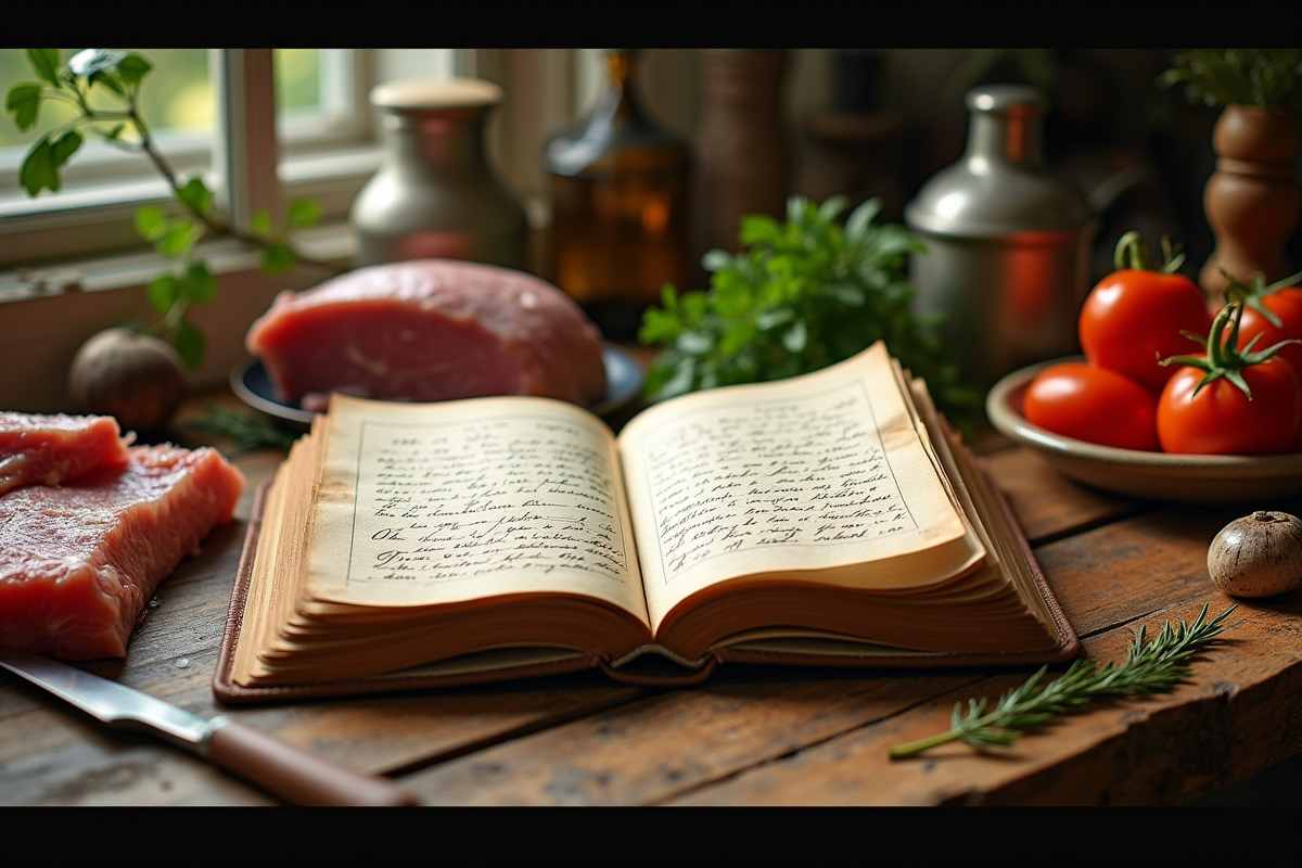 Livre de recettes ancien avec viande de lapin et légumes
