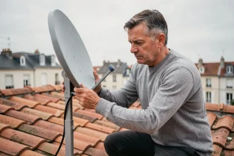 Homme ajustant une antenne parabolique sur un toit pour optimiser la réception des chaînes TV