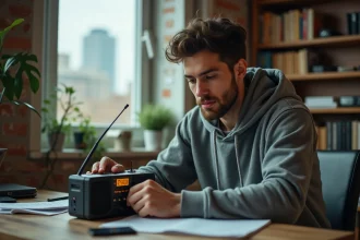 Jeune homme réglant l'antenne d'une radio FM pour capter Skyrock sans grésillements dans un bureau à domicile