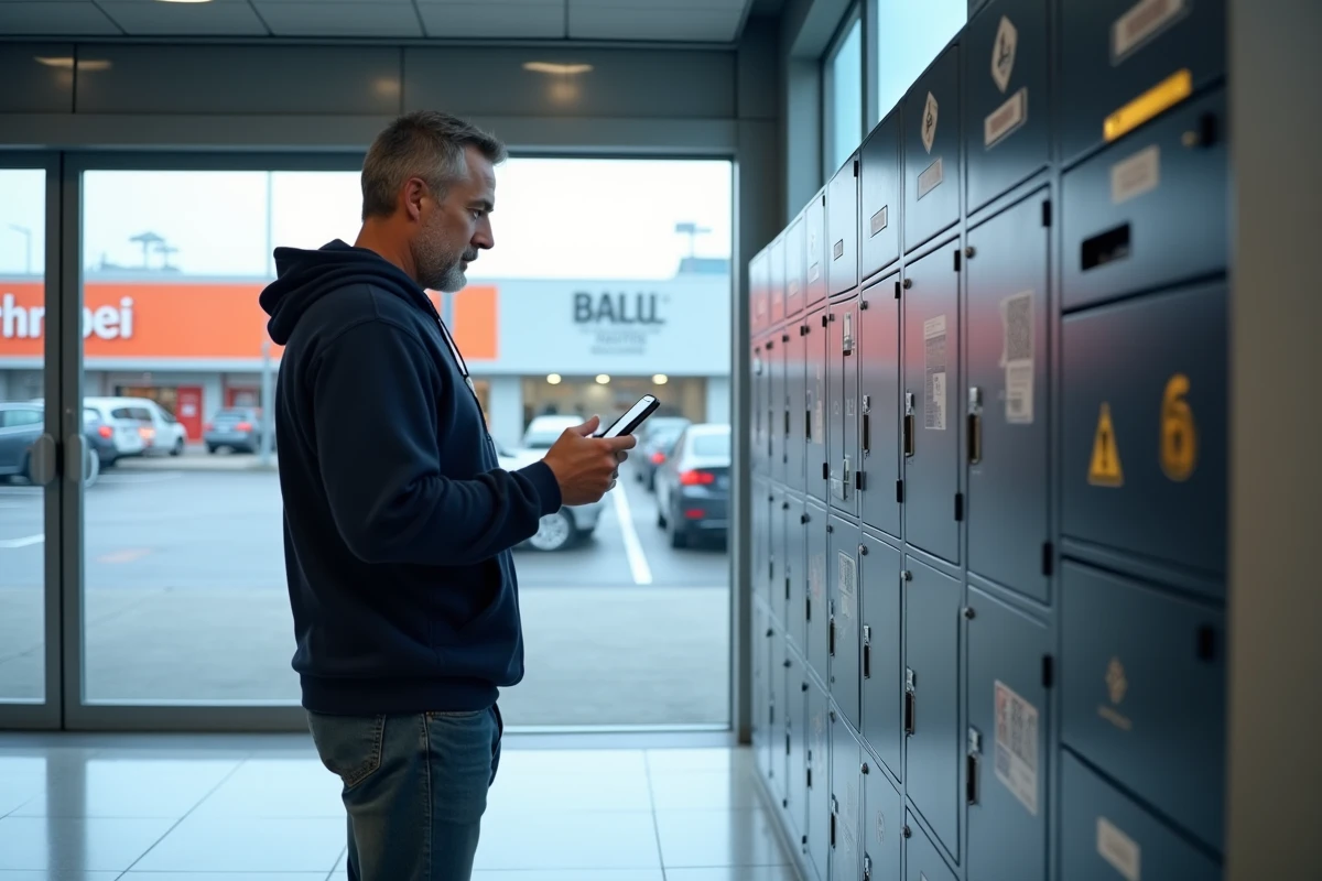 Homme utilisant une consigne Colissimo en zone commerciale près d'un hypermarché avec parking visible