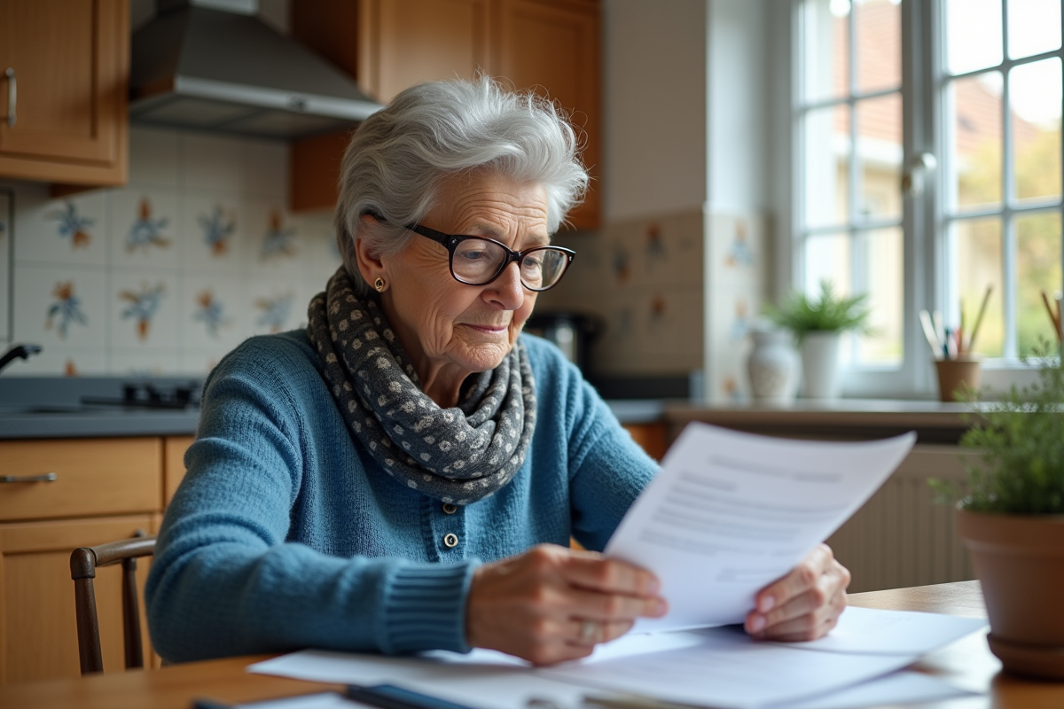 Femme retraitée vérifiant sa déclaration d'impôts à la maison