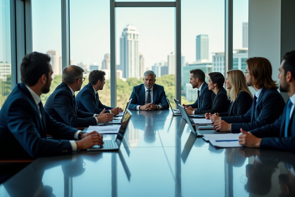 Groupe de professionnels en réunion dans une salle moderne