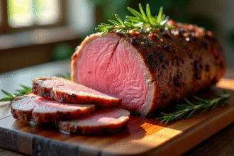 Rôti de boeuf tranché avec romarin en décoration